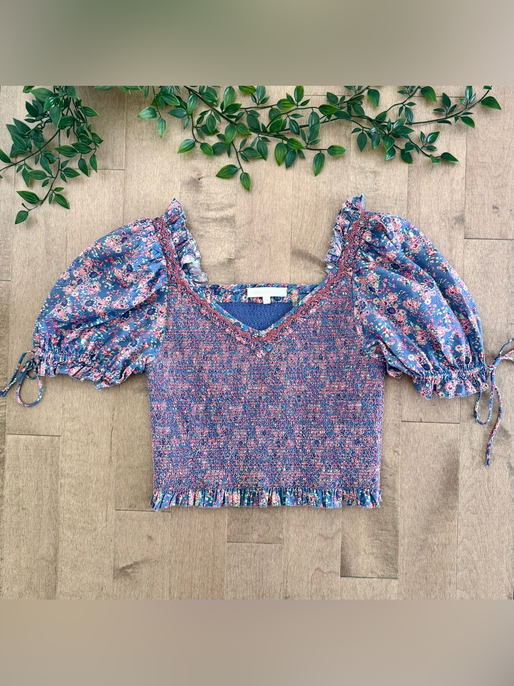 LoveShackFancy Blue Floral Smocked Coquette Tilly Cropped Top | Size S